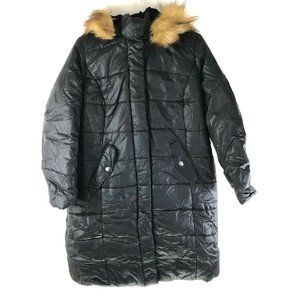 Roamans Puffer Coat Hooded Faux Fur Trim Water Resistant Pockets Black M 14/16